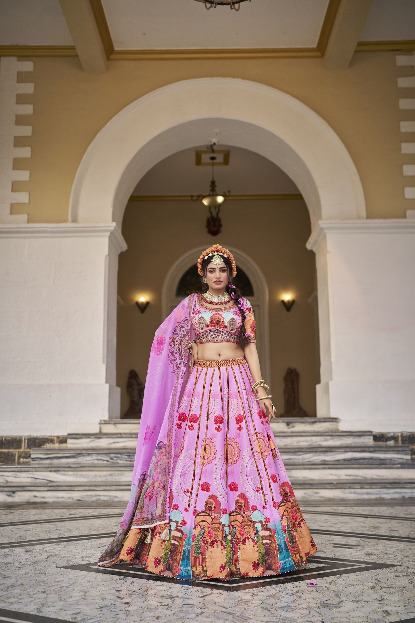 Ishwarya Pink Art Silk Lehenga Choli with Organza Dupatta