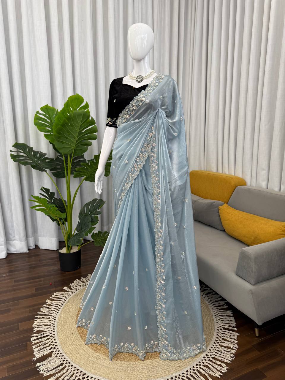 Rimjhim Sky Blue Fendy Silk Designer Saree with Black Velvet Blouse