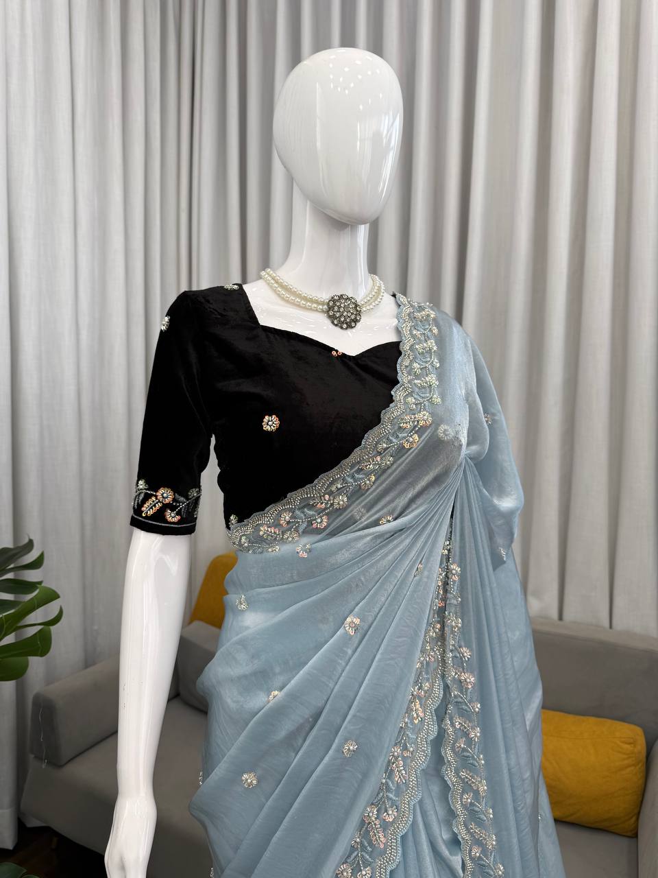 Rimjhim Sky Blue Fendy Silk Designer Saree with Black Velvet Blouse