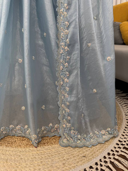Rimjhim Sky Blue Fendy Silk Designer Saree with Black Velvet Blouse