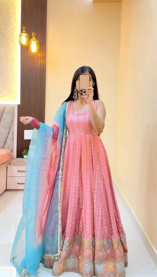 Elira Pink Chinon Silk Anarkali Set