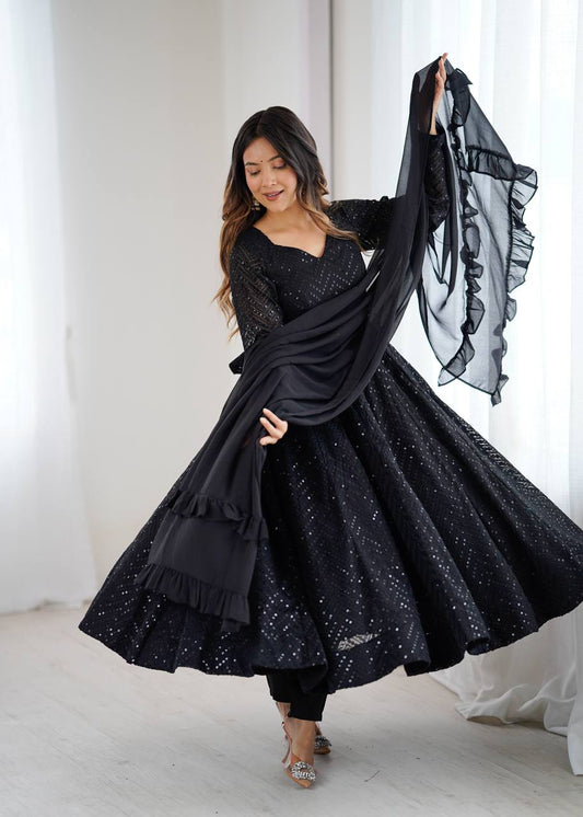 Rang-e-Ishq Black Lucknowi Georgette Anarkali Suit Set