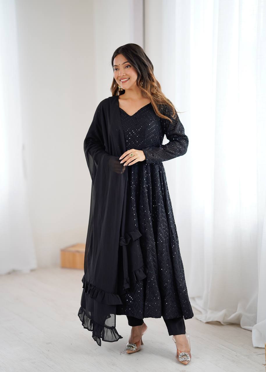 Rang-e-Ishq Black Lucknowi Georgette Anarkali Suit Set