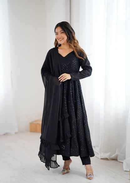 Rang-e-Ishq Black Lucknowi Georgette Anarkali Suit Set