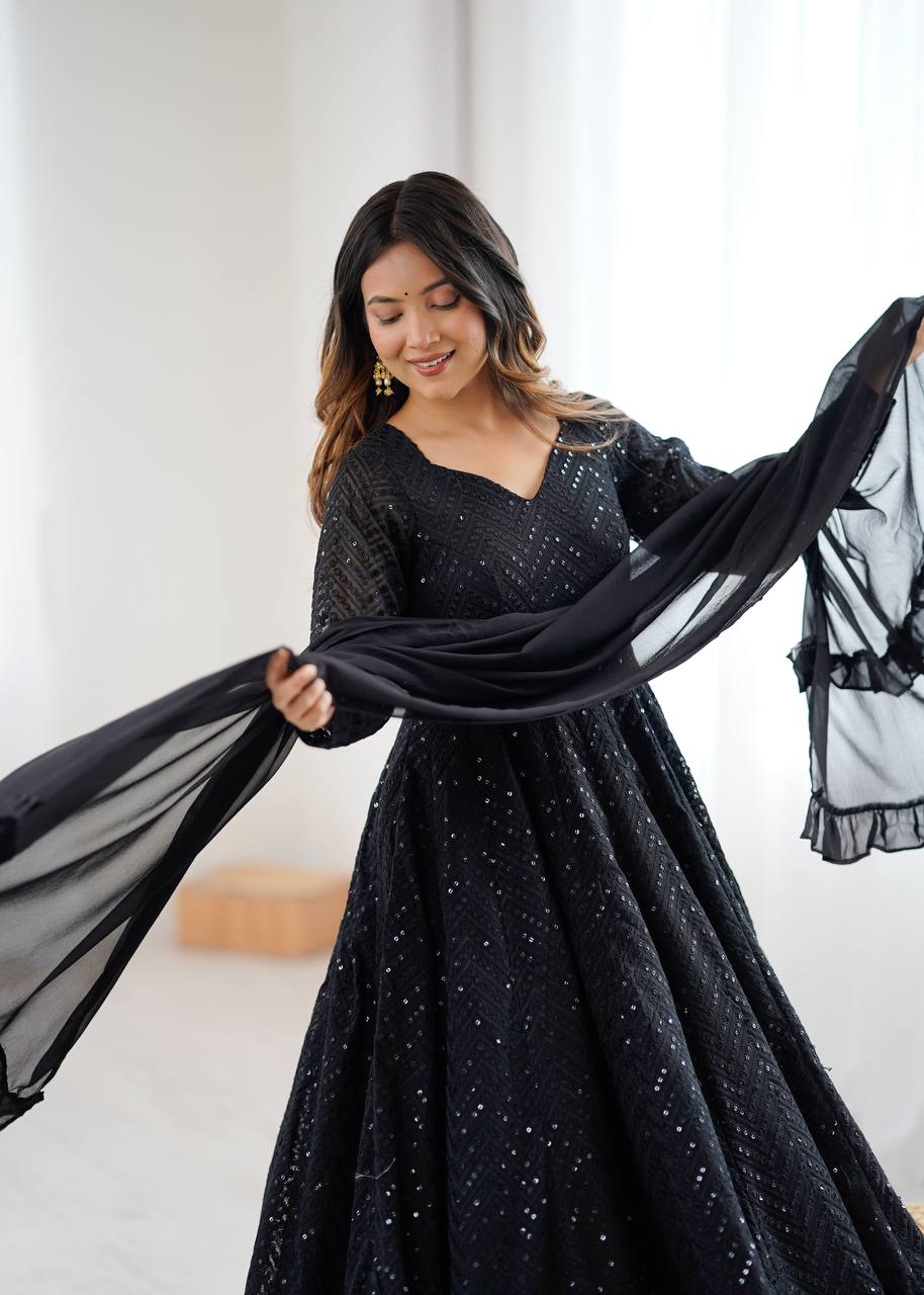 Rang-e-Ishq Black Lucknowi Georgette Anarkali Suit Set