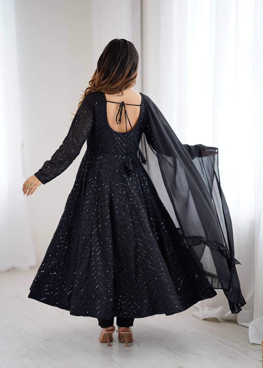Rang-e-Ishq Black Lucknowi Georgette Anarkali Suit Set