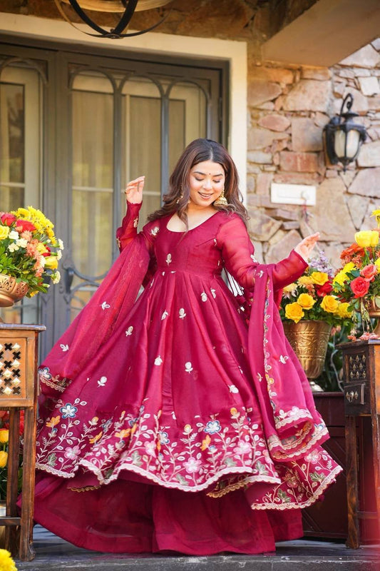 Anaya Maroon Heavy Gmy Silk Anarkali Palazzo Set