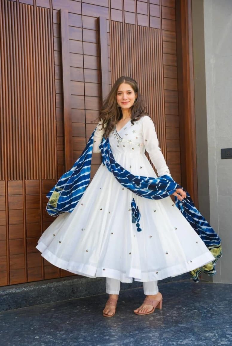 White Pari Embroidery work butta Anarkali suit