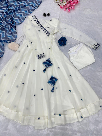 White Pari Embroidery work butta Anarkali suit