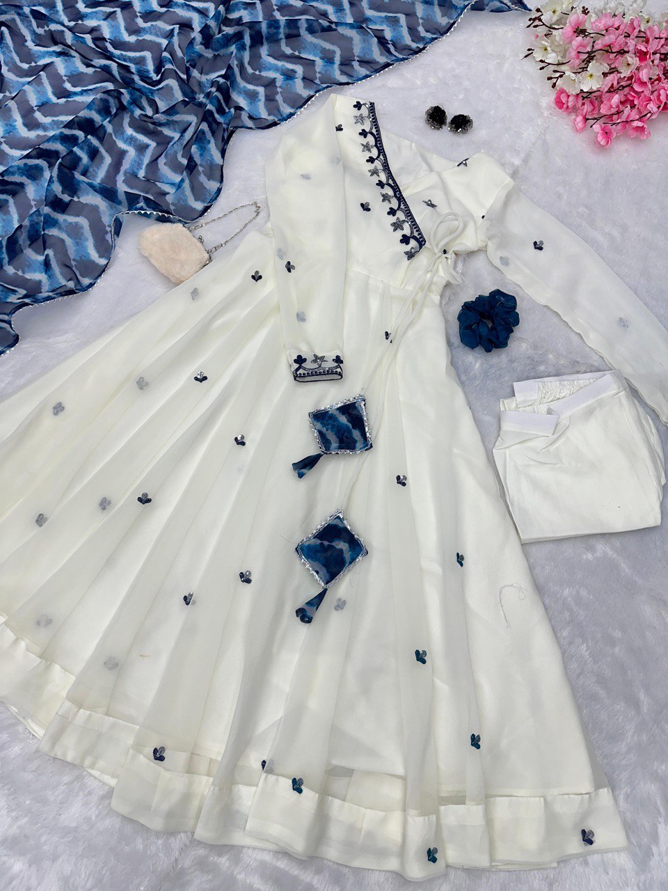 White Pari Embroidery work butta Anarkali suit