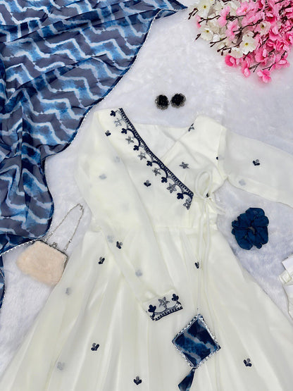 White Pari Embroidery work butta Anarkali suit