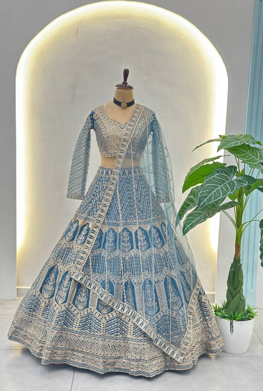 Yuvnika Sky Blue Butterfly Net Lehenga Choli