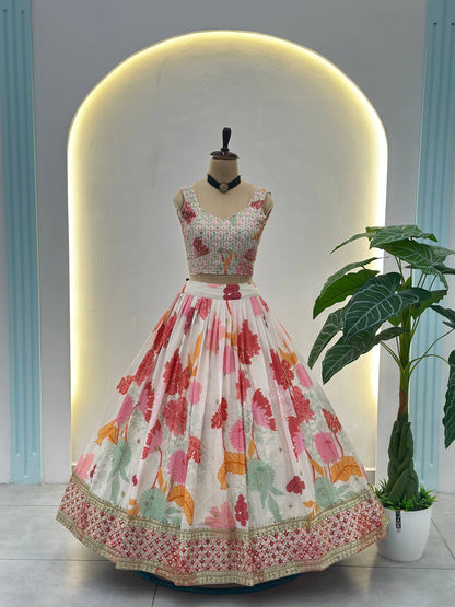 Eshmira Floral Chinon Silk Lehenga Choli with Pink Dupatta
