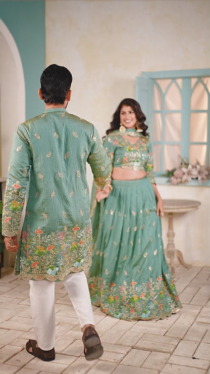 Gagan Saaz Embroidered Lehenga Choli & Matching Men's Kurta Set Combo