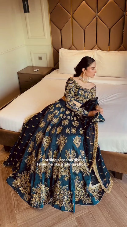 Zehara Navy Blue Polo Silk Zari Dori & Sequins Embroidered Lehenga Choli