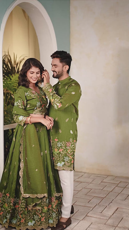 Mehak-e-Hara Embroidered Lehenga Choli & Matching Men's Kurta Set Combo