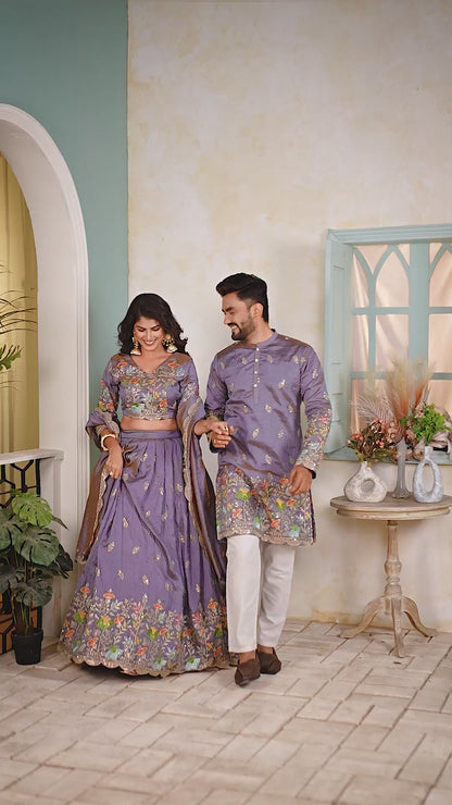 Rajvilaas Embroidered Lehenga Choli & Matching Men's Kurta Set Combo