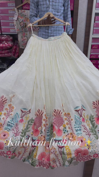 New White Multi Work Lehengha Choli