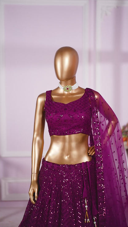 Nivethika Purple Soft Net Embroidered Lehenga Choli