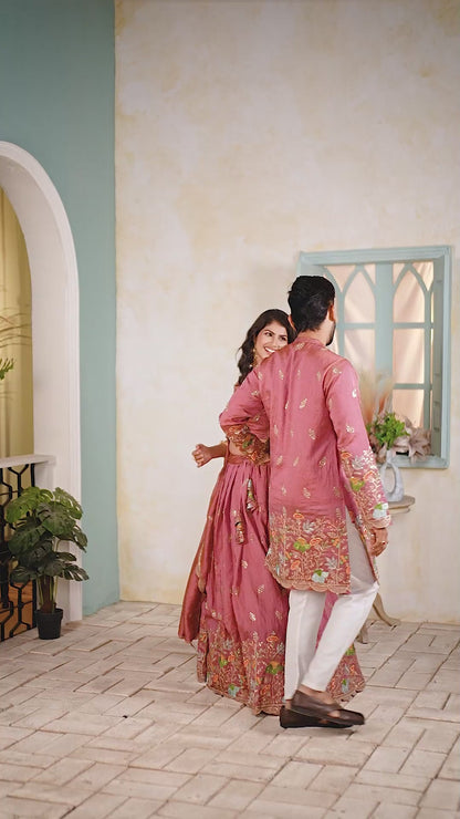 Gulbahaar Embroidered Lehenga Choli & Matching Men's Kurta Set Combo