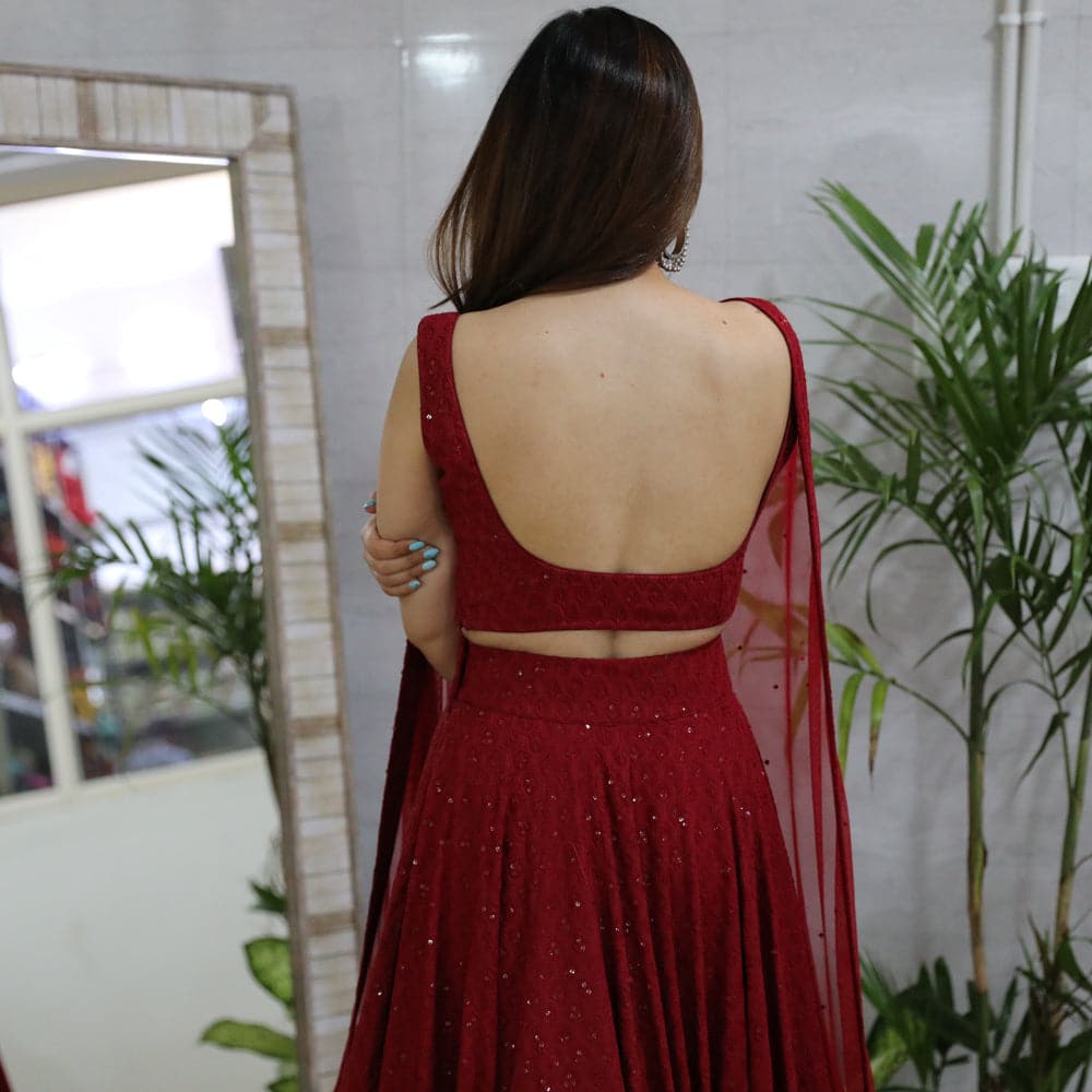 Aarvithya Maroon Georgette Embroidered Lehenga Choli with Net Dupatta