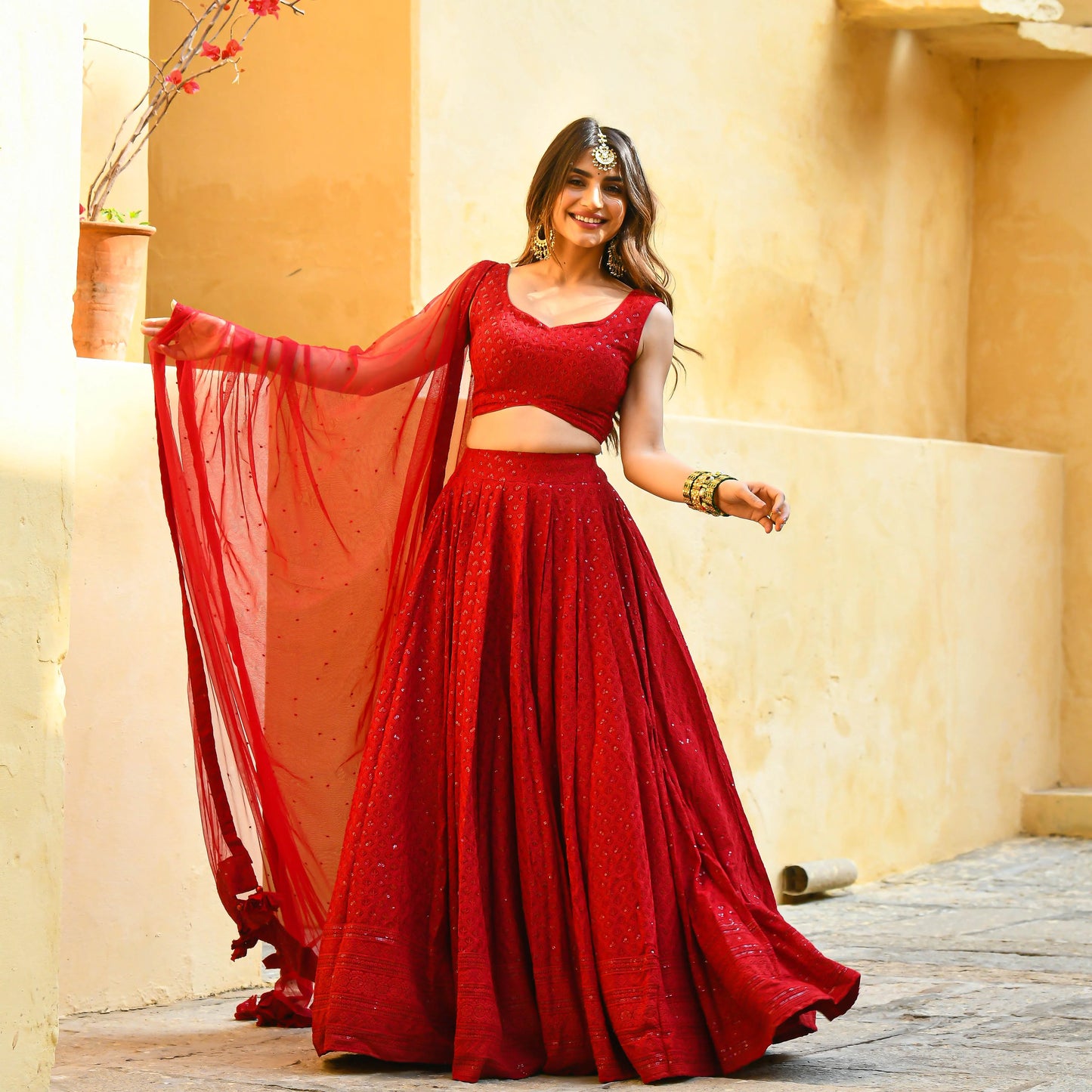Vyomika Red Georgette Embroidered Lehenga Choli with Net Dupatta