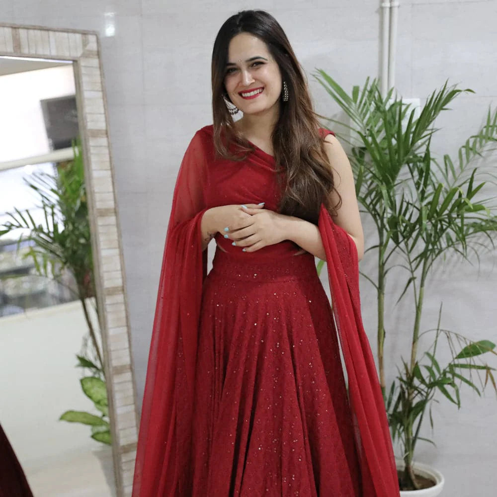 Aarvithya Maroon Georgette Embroidered Lehenga Choli with Net Dupatta