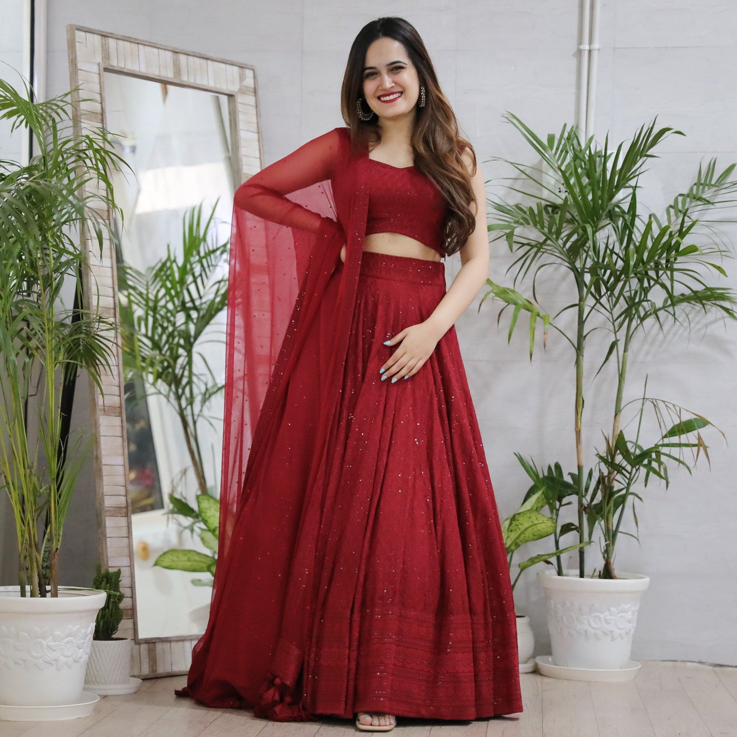 Aarvithya Maroon Georgette Embroidered Lehenga Choli with Net Dupatta