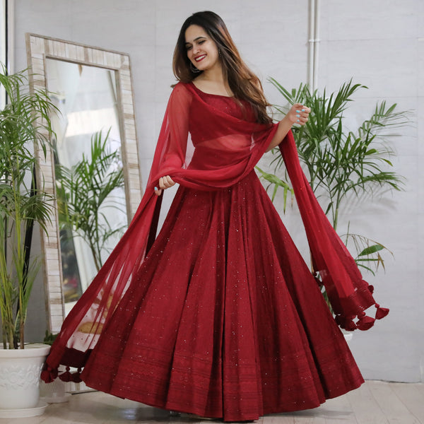 Aarvithya Maroon Georgette Embroidered Lehenga Choli with Net Dupatta
