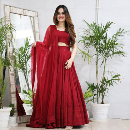 Aarvithya Maroon Georgette Embroidered Lehenga Choli with Net Dupatta