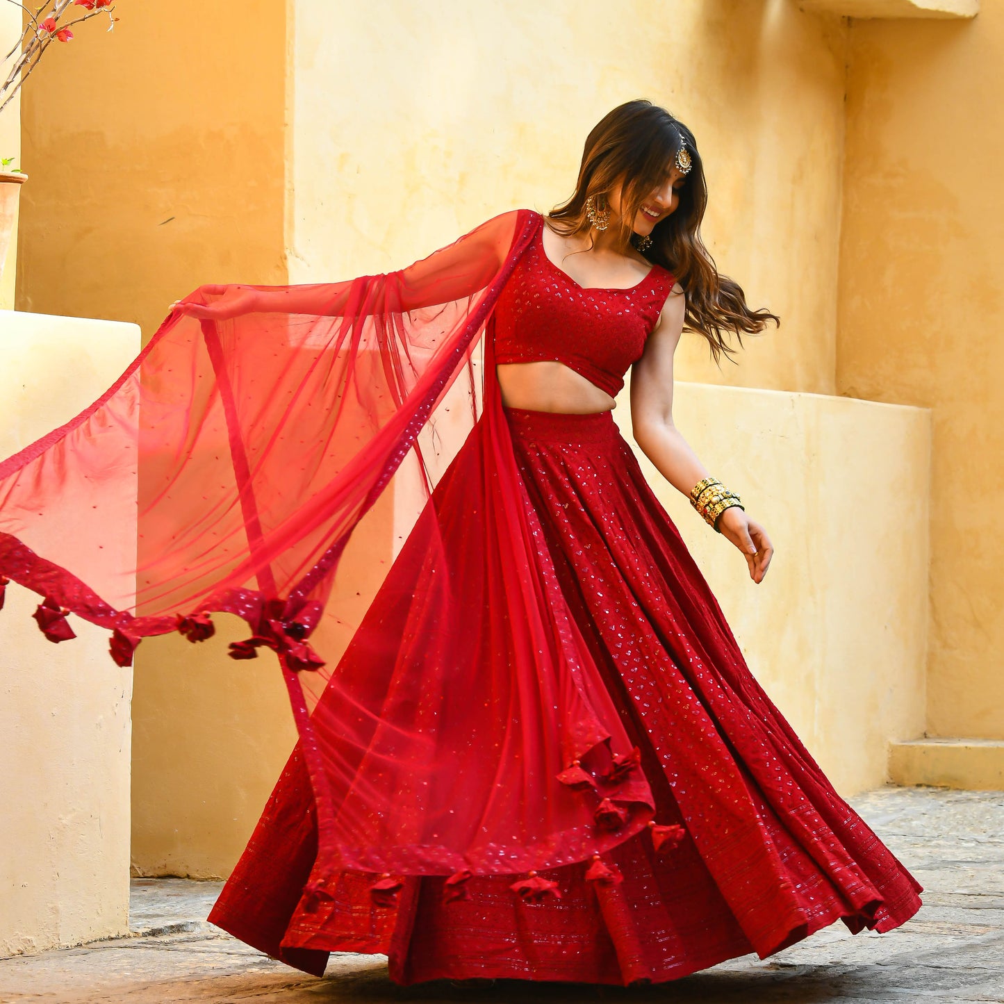 Vyomika Red Georgette Embroidered Lehenga Choli with Net Dupatta