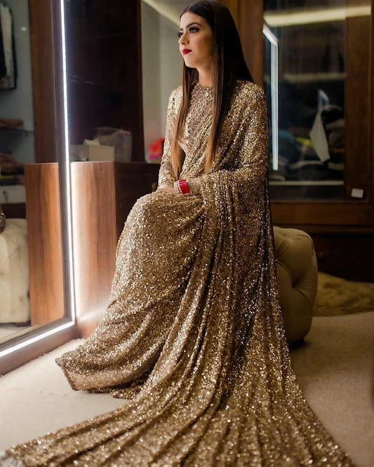 Gold Colour Heavy Sequence Wedding Saree