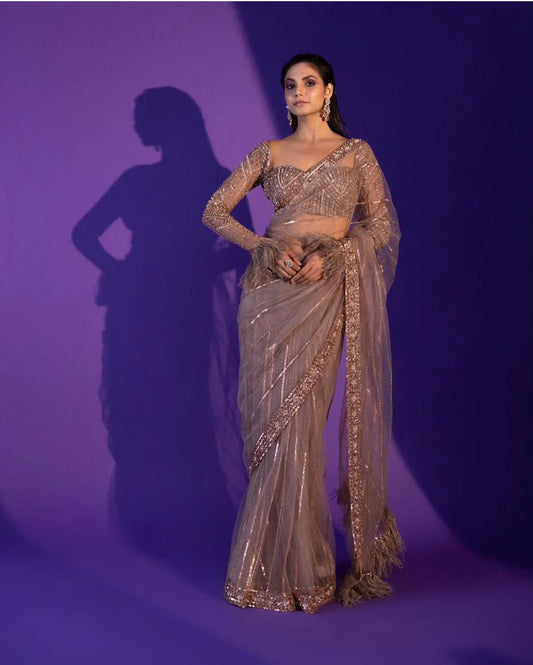 New Brown Sequins Work Saree