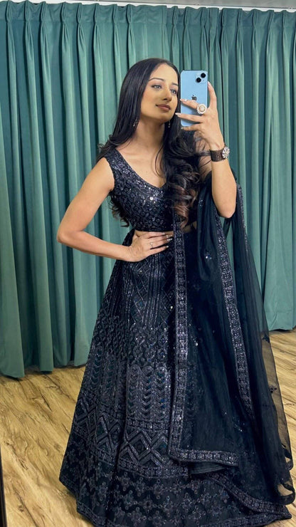 New Black Partywear Net Lehengha Choli