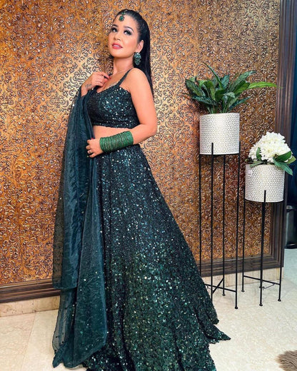 GREEN VELVET SEQUNIES WORK LEHENGHA