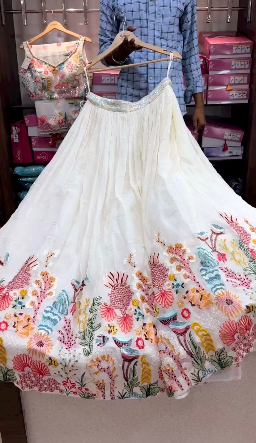 New White Multi Work Lehengha Choli