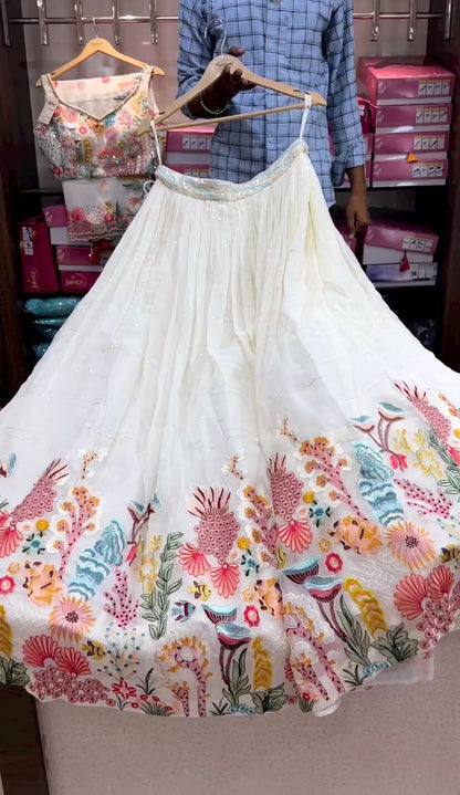 New White Multi Work Lehengha Choli