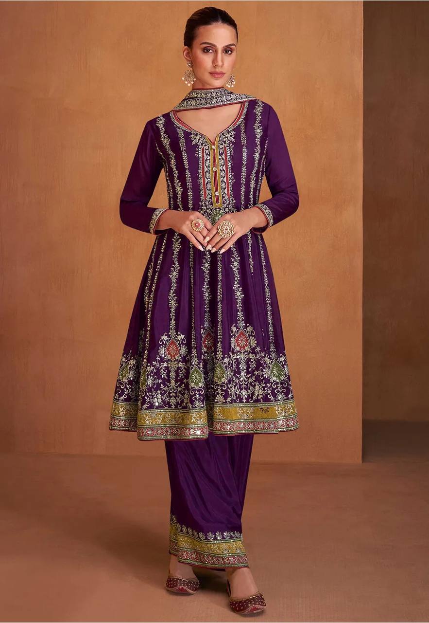 Purple Embrodairy Work Full Stich Sharara