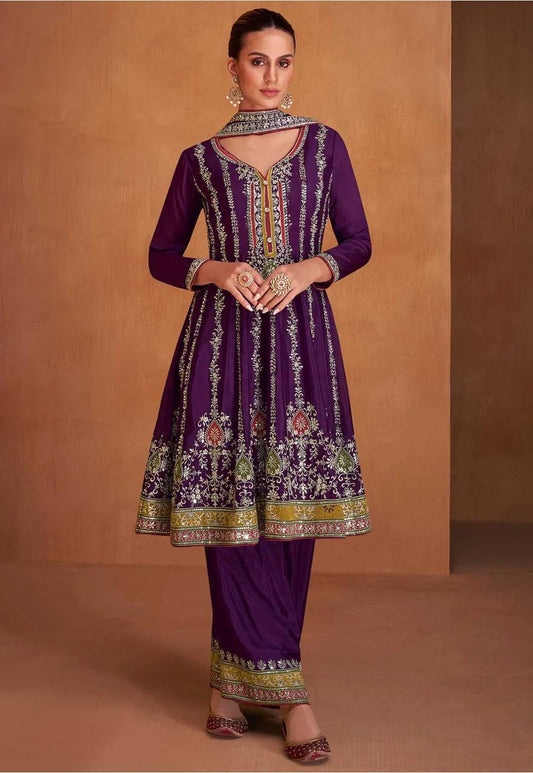 Purple Embrodairy Work Full Stich Sharara