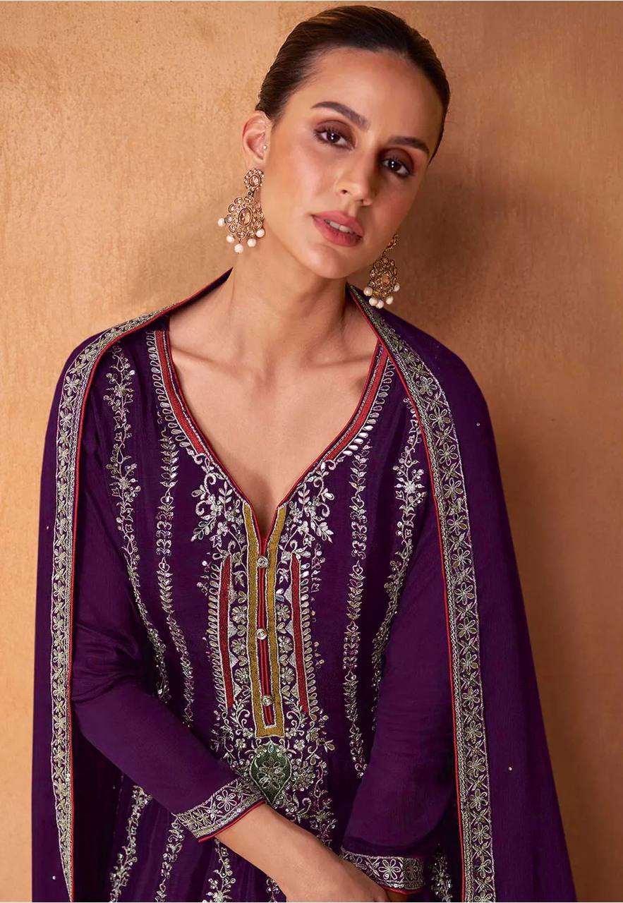 Purple Embrodairy Work Full Stich Sharara