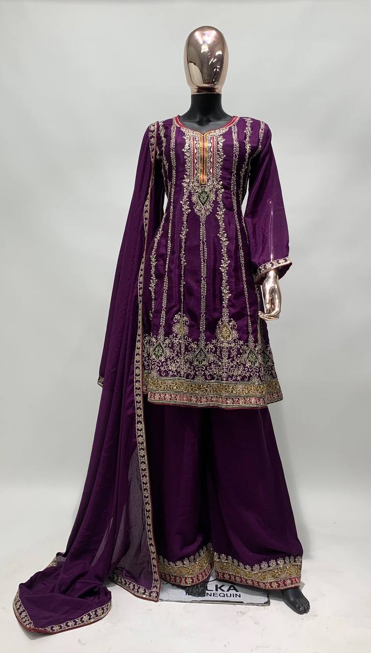Purple Embrodairy Work Full Stich Sharara